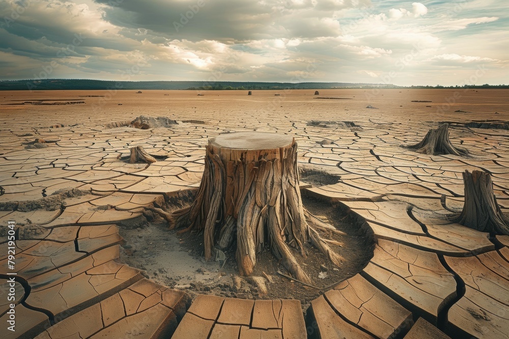 Poster stump from felled tree in drought concept. record summer heat. backdrop of the consequences of envir