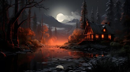 Wooden house in the forest at night with a full moon.