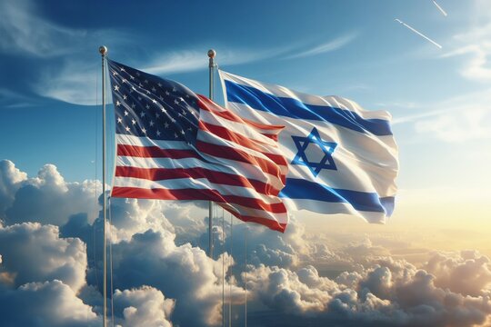 Two flags, one of which is the American flag and the other is the Israeli flag, are flying in the sky, background