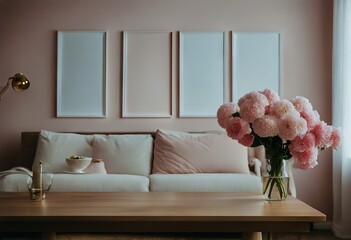 pink apartment Real sofa cabinet photo interior wooden table next Flowers poster