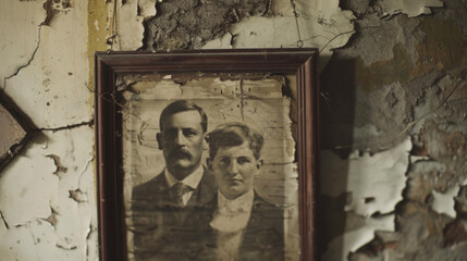 An old faded family portrait hanging on the wall with the faces of the subjects eerily scratched out. .
