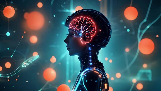 This futuristic composition integrates human creativity with AI in a sustainable manner Glowing brain floating particles subtle light flicker seamless loop animation
