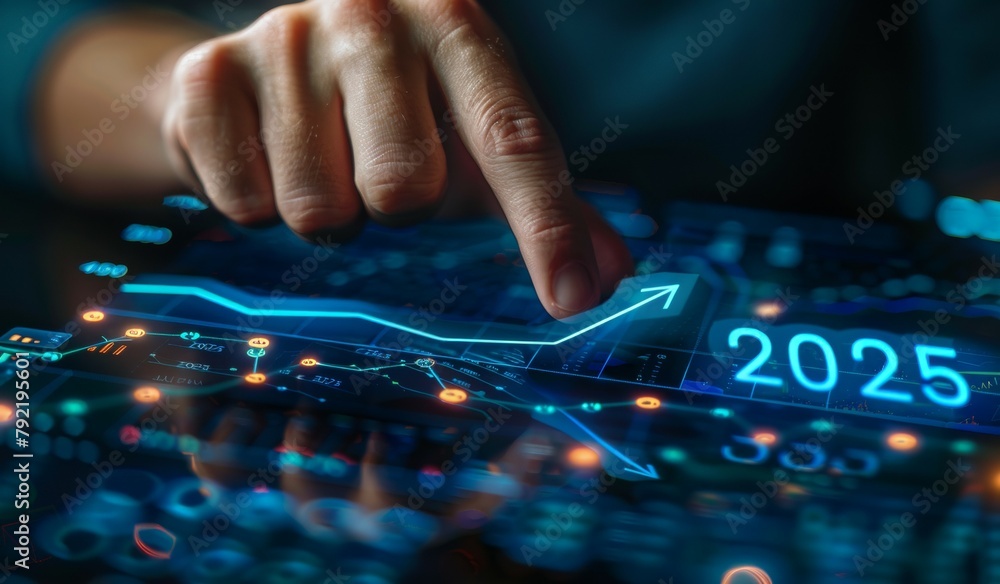 Poster a person is pointing at a graph that shows a line going up and the year 2025