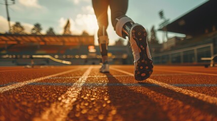 A runner is on a track with a bright sun shining on him. Disabled athlete concept