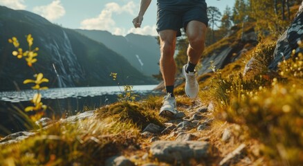 A man is running on a trail in the mountains. Disabled athlete concept - Powered by Adobe