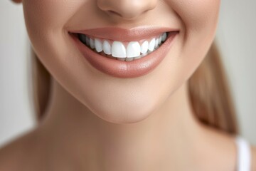 Fototapeta premium A woman with a white smile and a pink lip. Beautiful smile concept