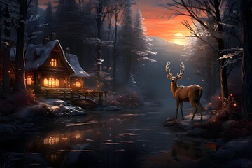 Winter landscape with a wooden cottage and a deer. Digital painting.