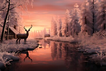 Winter landscape with reindeer at sunset. 3d render.