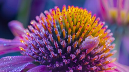 Obraz premium The stunning hues of a pollen sac from a purple coneflower displaying a range of purples pinks and yellows.