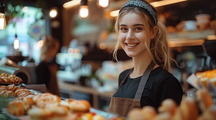 Woman Standing by Counter Filled With Pastries
