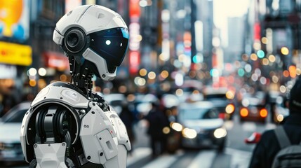 Fototapeta premium A robotic law enforcement officer directing traffic in a crowded city