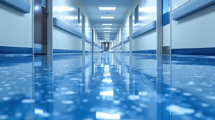 Fototapeta premium Long Hallway With Blue Floors and White Walls