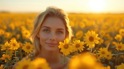 Woman Standing in Sunflower Field