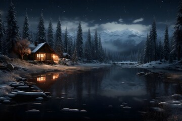 Beautiful winter night landscape with wooden house on the shore of mountain lake