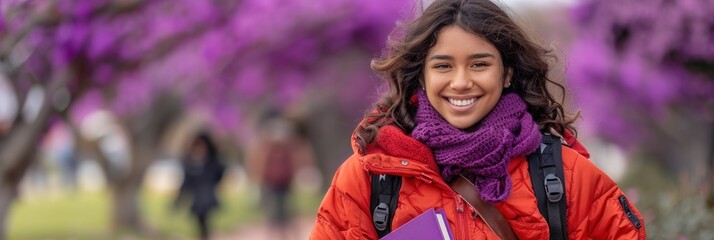 Woman in Red Jacket Holding Purple Book