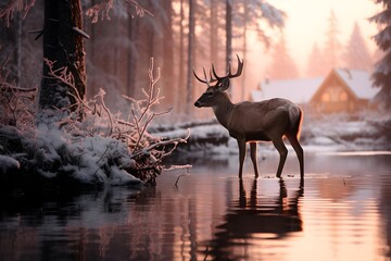 Beautiful wild deer in a snowy forest at sunset, panorama