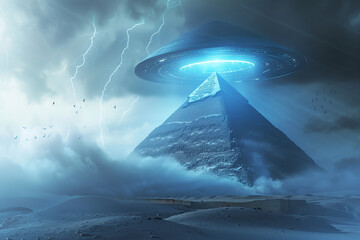 ufo hovering over the pyramid of giza, during an electrical storm - obrazy, fototapety, plakaty