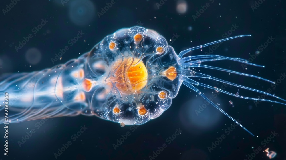 Poster an unexpected image of a rotifer with a microscopic showcasing the darker side of this seemingly pea
