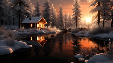 Beautiful winter landscape with frozen river and wooden house in the forest