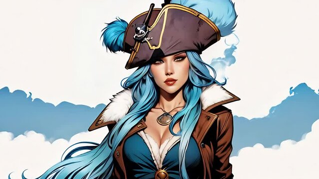 Comic book character illustration with bold lines and flat colors female arctic pirate with blue hair wearing tricorn hat and fur coat pirate hair seamless loop animation