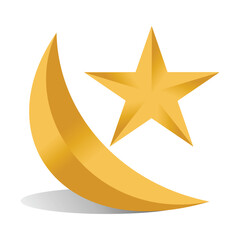golden crescent and star on a white background. 3D illustration of islamic ornament.  Moslem design element