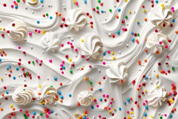 White whipped cream and colorful candies on white background