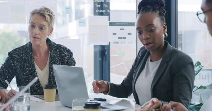 Business woman, people and teamwork in meeting for manager update, workflow feedback and financial report. Professional staff or group talking of office agenda, writing notes and tablet in management