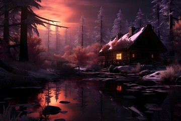 Beautiful winter landscape with a cottage on the bank of the river