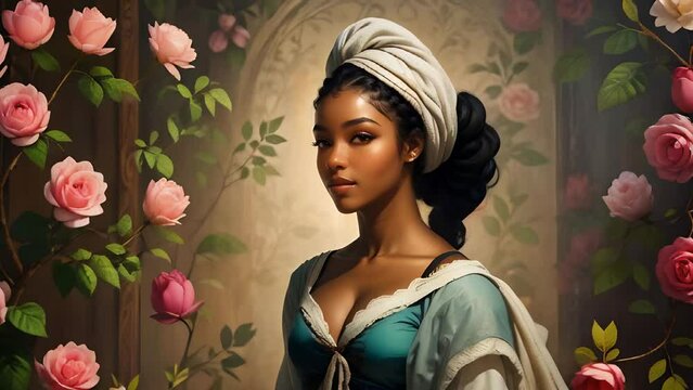 Beautiful black woman with her hair tied back in a scarf full body image Georgian era in the style of seamless loop animation
