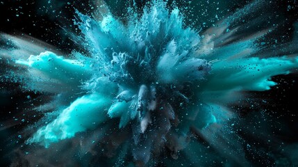 Turquoise paint burst against a dark backdrop, encapsulating a dynamic blend of art and chaos