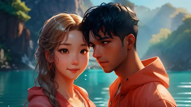 character a cute male and female couple different races perfect anatomy include a background of scenery Hair gently blowing water rippling seamless loop animation