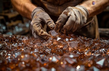 Miners carefully dig and collect vibrant diamonds and gemstones with their hands preparing them for a brilliant polish in their mining career, Generated by AI