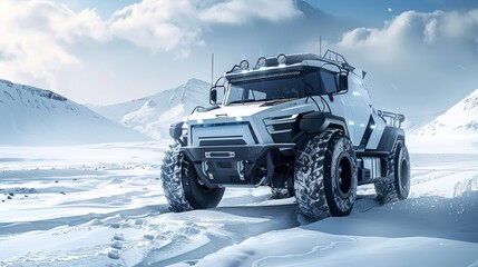 Futuristic arctic transport. SUV on big wheels for snow surface