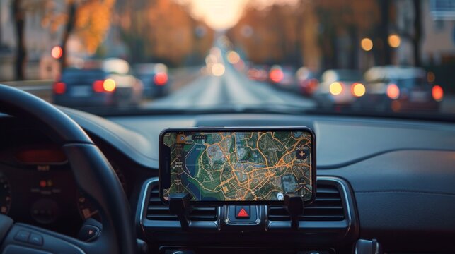 The map on the phone in the background of the dashboard and street . Mobile phone with map gps navigation fixed in the mounting. copy space.