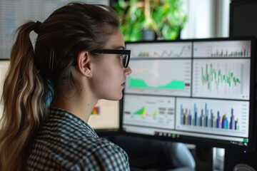 Focused Female Analyst Reviewing Data Charts on Computer Monitor