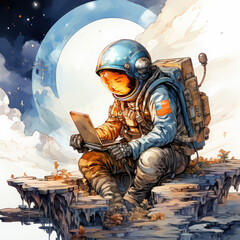 Watercolor Astronaut using a laptop and light, clipart Illustration, Generative Ai