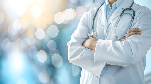 Doctor with stethoscope standing with arms crossed on blurred background
