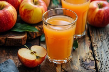 Fresh Apple Juice and Ripe Apples on Wooden Table