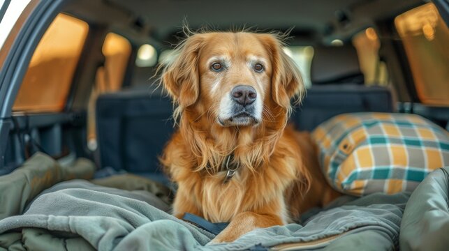 Domestic dog sitting in the car trunk. Family vacation.