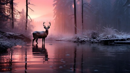 Majestic red deer stag in the forest at sunrise. Panoramic view.