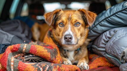 Domestic dog sitting in the car trunk. Family vacation.