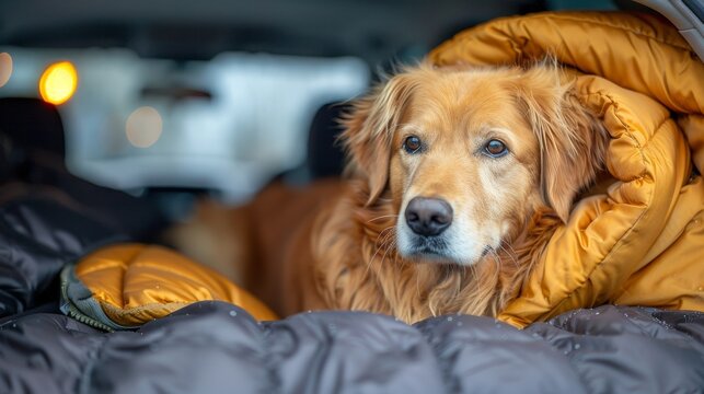 Domestic dog sitting in the car trunk. Family vacation.