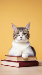 Smart cat sitting on a pile of books with a yellow background and space for text.