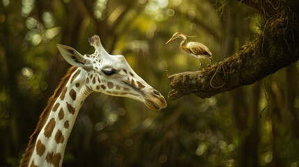 Obraz premium Gentle Encounter, Giraffe and Bird
