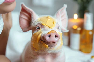 Fotobehang Adorable spa pig: cute and pampered pig enjoying relaxing spa treatments, a charming and delightful scene of animal wellness and indulgence, perfect for showcasing relaxation and cuteness © Ruslan Batiuk