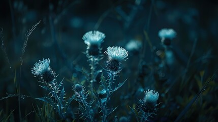 photo of single beautiful bioluminescent thistle flowers in nature