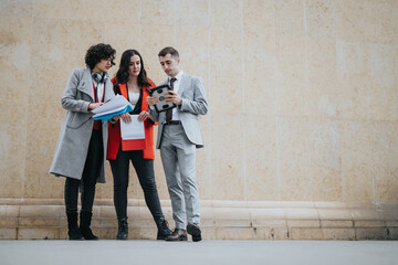 Three business associates engage in a discussion with documents and tablet in hand, implying...