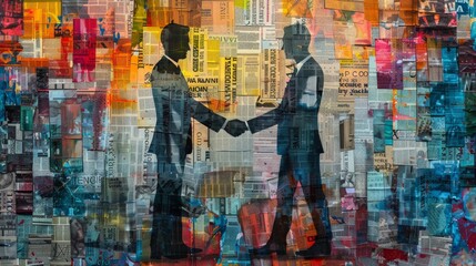 Marketing communication concept. Silhouette of business persons shaking hands. Business people handshake in colorful newspaper scraps style.