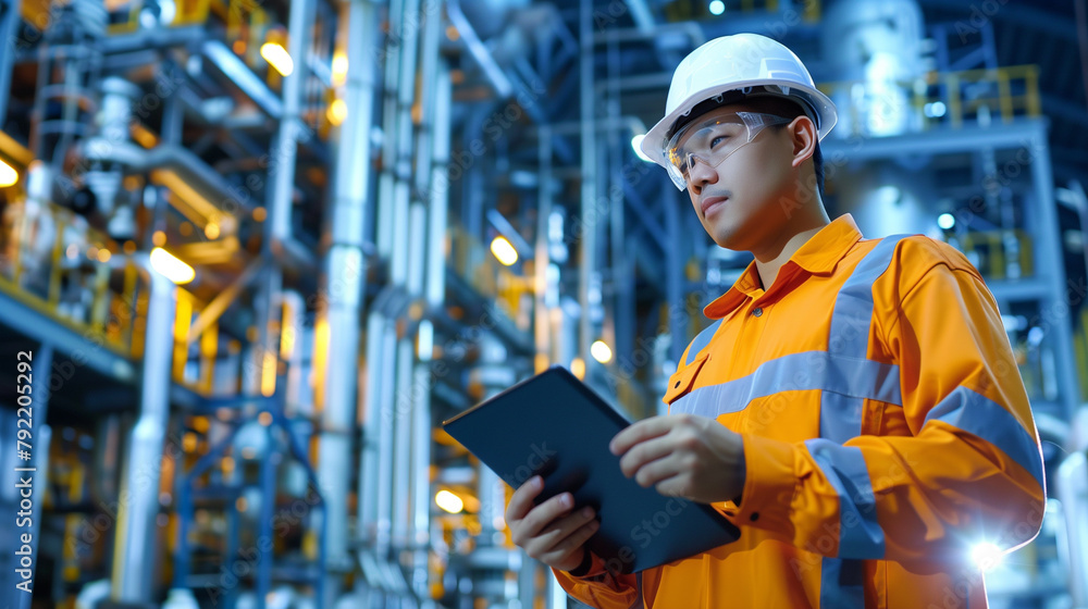 Poster an engineer holding a digital tablet working at oil refinery, engineer using tablet to manage the sy