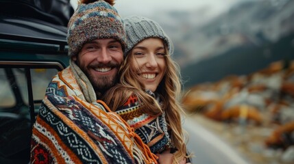 Close-up of a young couple of man and woman, wearing warm clothes, hugging on a winter day under a big knitted scarf. - Powered by Adobe